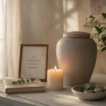 Memorial urn, candle, flowers during private goodbye before cremation services Dallas, TX arrangements
