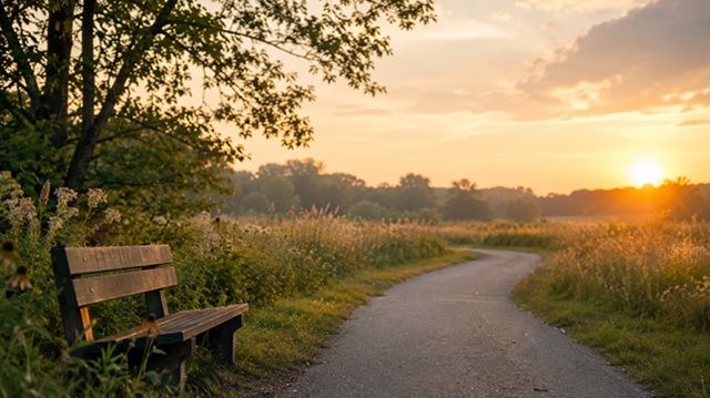 Peaceful sunrise path and bench near cremation services Farmers Branch, TX guidance support