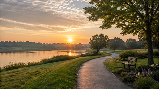Peaceful lakeside sunset path near cremation services Irving, TX offering comfort and reflection