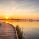 Peaceful sunrise over a calm lake with a gently curving wooden boardwalk and soft golden light, symbolizing clarity and reflection for families exploring cremation services Irving, TX