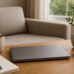 Closed laptop with notebook, candle, and mug in peaceful home setting.
