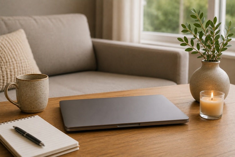 Closed laptop with notebook, candle, and mug in peaceful home setting.