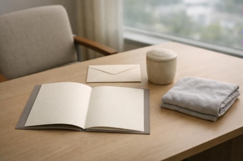 Quiet Dallas arrangement table with a folded garment, memorial container sample, and blank obituary folder for cremation services Dallas, TX