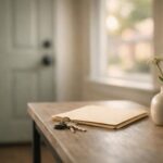 Quiet Farmers Branch home entryway with keys, an unmarked folder, and a single wildflower for cremation services Farmers Branch, TX families choosing a simple goodbye