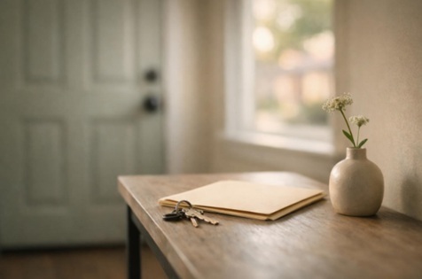 Quiet Farmers Branch home entryway with keys, an unmarked folder, and a single wildflower for cremation services Farmers Branch, TX families choosing a simple goodbye