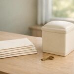 Blank certificate envelopes and a simple memorial container in a quiet Irving office for cremation services Irving, TX families arranging a personal farewell