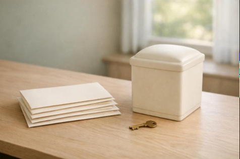 Blank certificate envelopes and a simple memorial container in a quiet Irving office for cremation services Irving, TX families arranging a personal farewell