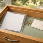 Blank planning papers and a contact envelope stored in an organized maple filing drawer near a sunlit Texas window.