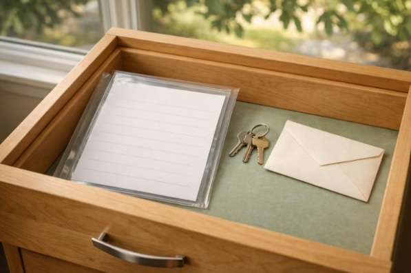 Blank planning papers and a contact envelope stored in an organized maple filing drawer near a sunlit Texas window.