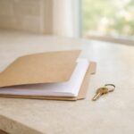 Plain family information folder and house key on a sunlit limestone counter, prepared for gathering cremation arrangement details.