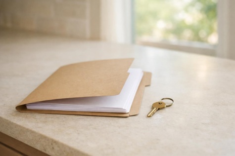 Plain family information folder and house key on a sunlit limestone counter, prepared for gathering cremation arrangement details.