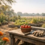 Worn gardening gloves, hand trowel, and freshly picked tomatoes on a potting bench in a quiet early-autumn community garden.