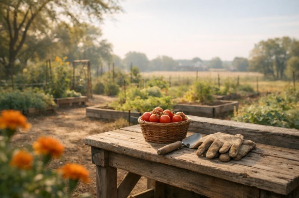 Worn gardening gloves, hand trowel, and freshly picked tomatoes on a potting bench in a quiet early-autumn community garden.