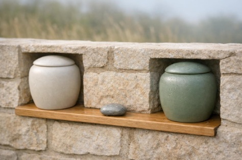 Two matching unmarked ceramic keepsake vessels displayed separately in limestone garden niches, linked by a small river stone and oak detail.