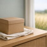 Plain temporary return container on an oak console beside a sunlit window in a quiet North Texas home