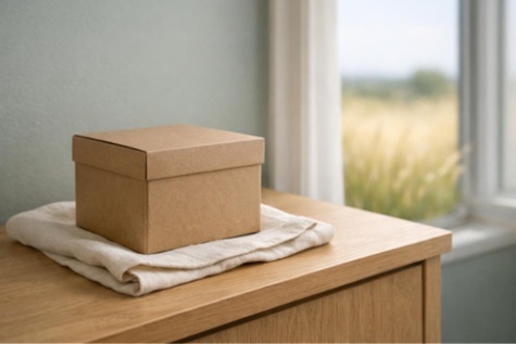 Plain temporary return container on an oak console beside a sunlit window in a quiet North Texas home