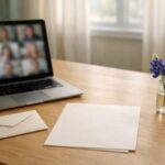 Laptop with an unreadable remote family call beside blank planning papers and a Texas wildflower on a sunlit home table.