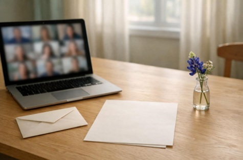 Laptop with an unreadable remote family call beside blank planning papers and a Texas wildflower on a sunlit home table.