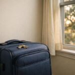 A closed travel suitcase with house keys by a sunlit guest-room window, symbolizing family arriving later for a remembrance.