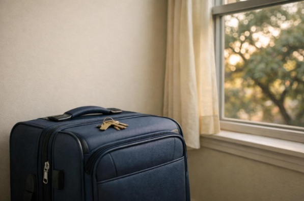 A closed travel suitcase with house keys by a sunlit guest-room window, symbolizing family arriving later for a remembrance.