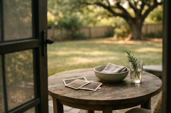 Simple home patio table with face-down family photographs, a serving bowl, and rosemary beneath a Dallas live oak for a later private remembrance.