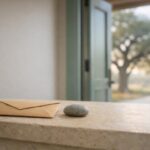 Unmarked document envelope and river stone on a limestone office ledge beside an open doorway and live oak in Irving.