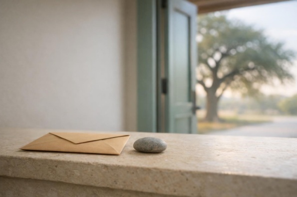 Unmarked document envelope and river stone on a limestone office ledge beside an open doorway and live oak in Irving.