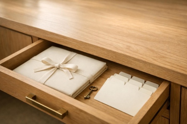 Organized blank planning wallet, brass key, and divider tabs stored in an open oak drawer in a sunlit home office.